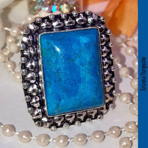 Arizona Turquoise Gemstone Handmade Halo Ring - Picture 3 of 4